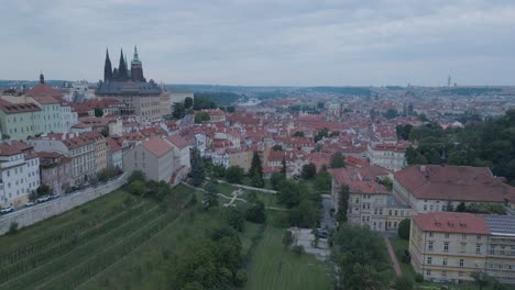 Aerial-Drone-Shot-Prague-Castle-Mala-Strana-Czech-Republic-Cloudy-Sunset