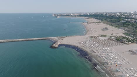 Panoramic-View-Over-Scenic-Beaches-In-Constanța,-Romania---drone-shot