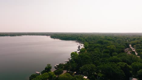 Drone-shot-of-serene-lake-shoreline,-surrounded-by-lush-green-trees-on-a-tranquil-summer-day