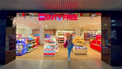 Fixed-shot-of-duty-free-shop-in-international-airport-with-tax-free-products