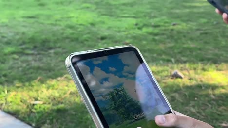 Kinder,-Die-Pokémon-Spielen,-Gehen-Zusammen-In-Den-Park