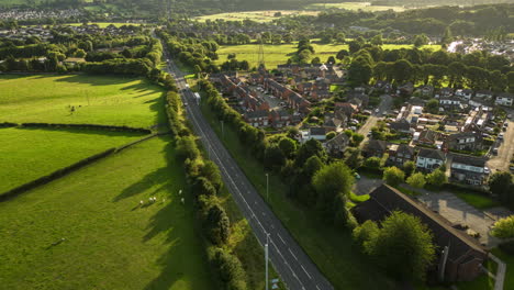 Establishing-Aerial-Drone-Hyperlapse-of-A6120-Leeds-Ring-Road-in-Farsley-at-Golden-Hour-Sunrise