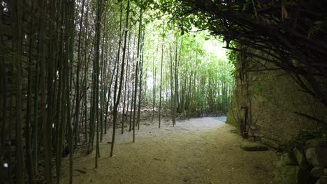 POV-shot-walking-under-an-archway-past-bamboo-stick-in-the-garden-of-a-villa