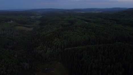 Aerial-shot-of-the-endless-Canadian-forest-during-sunset-in-summertime