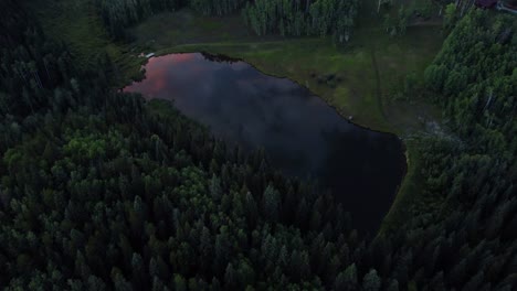 Aerial-shot-of-reflection-in-small-forest-lake-at-golden-hour-in-summer-time