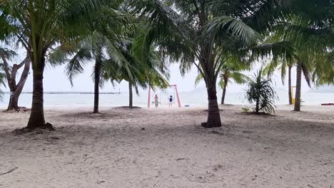 Dos-Chicas-Disfrutando-Del-Columpio-En-La-Playa-Mientras-Miran-Al-Océano,-Con-Dao,-Vietnam