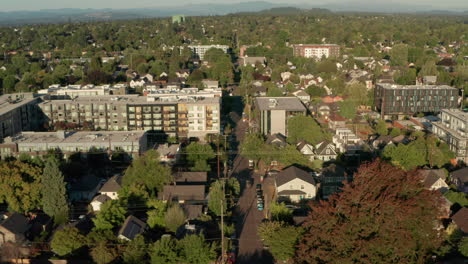 Aerial-shot-over-long-straight-road-through-grid-neighbourhood-Portland-Oregon