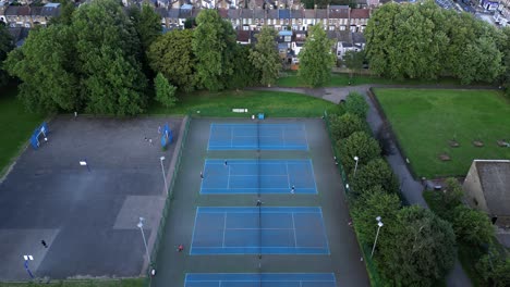 Outdoor-Tennis-Courts-at-Public-City-Park-in-London---Aerial