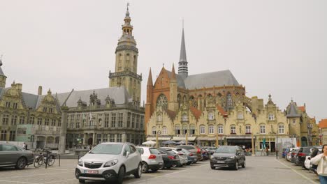 The-Main-market-square-in-Veurne,-West-Flanders---Belgium