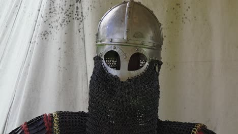 Viking-re-enactment-display-of-helmet-and-armour-used-by-norsemen-at-Woodstown-Waterford-Ireland