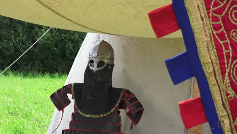 viking-re-enactment-display-of-fighting-armour-and-battle-standard-in-a-tent-at-Waterford-Ireland