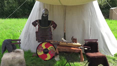 Viking-re-enactment-display-of-fighting-equipment-used-by-a-Viking-warriorr-at-Waterford-Ireland