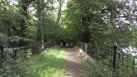 Ein-Familienspaziergang-über-Eine-Alte-Brücke-In-Einem-Alten-Wald-Im-Ländlichen-England