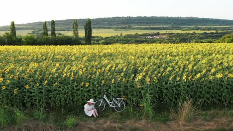 Mädchen-Liest-Buch-Zwischen-Sonnenblumen-In-Ländlicher-Abendlandschaft,-Pull-Shot-Enthüllung