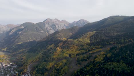 A-high-flying-drone-shot,-of-Telluride-Valley,-in-Rocky-Mountains-of-Colorado,-on-a-sunny-day-in-the-Fall-season