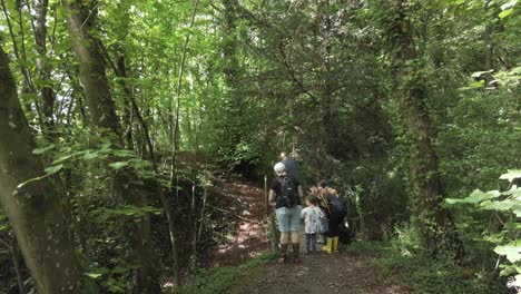 A-family-hiking-through-a-forest-and-crossing-a-small-bridge-in-rural-England
