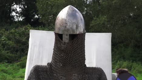 Viking-re-enactment-battle-protection-helmet-and-chainmail-at-Woodstown-Waterford-Ireland