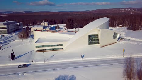 4K-Drone-Video-of-Museum-at-University-of-Alaska-Fairbanks-on-Snowy-Winter-Day