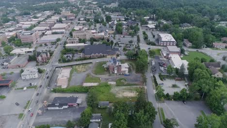 4K-Drone-Video-of-Downtown-Hendersonville,-NC-on-Beautiful-Summer-Day