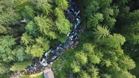 Top-down-aerial-view-of-Gollinger-waterfall-river-stream,-Austria,-static,-day
