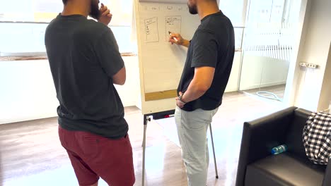 Two-engineers-engage-in-a-collaborative-discussion,-sketching-architectural-solutions-on-a-whiteboard,-combining-their-expertise-to-shape-innovative-ideas