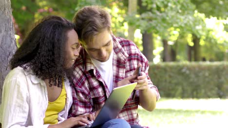 Happy-diverse-couple-using-laptop-and-smartphone-in-park