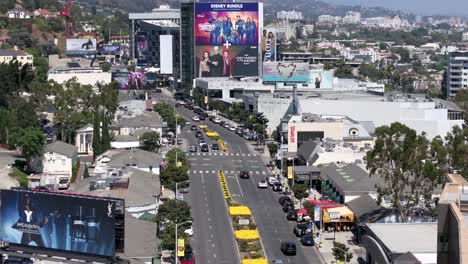 Aerial-fly-over-famous-Sunset-Boulevard-in-Beverly-Hills,-California