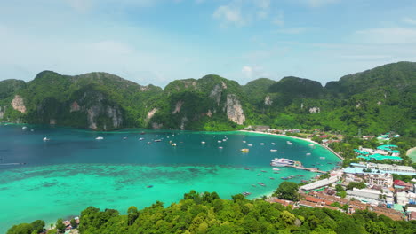 Exotic-vacation-paradise-Koh-Phi-Phi,-picturesque-island-in-Thailand,-aerial