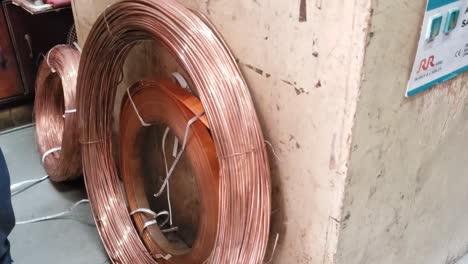Copper-wire-cable-production-in-coils,-metal-steel-industrial-plant
