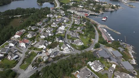 Aerial-Flyover-of-Neighborhood-on-the-West-Coast-of-Norway-near-Bergen