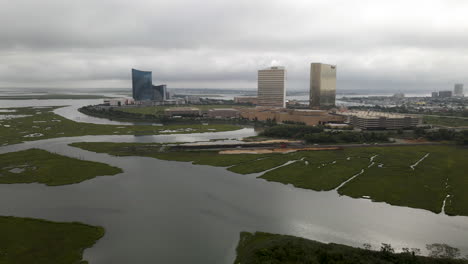 Aerial-Shot-Drifting-Towards-Tall-Casinos-in-Atlantic-City,-NJ,-U