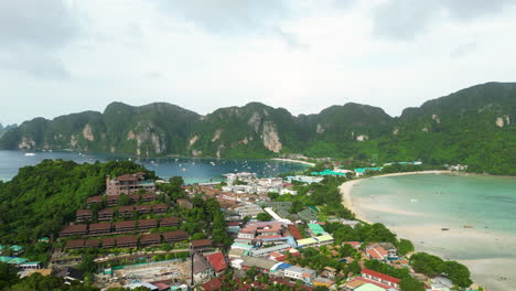 Aerial-forward-establisher-exotic-Thai-paradise-island-Koh-Phi-Phi,-long-beach