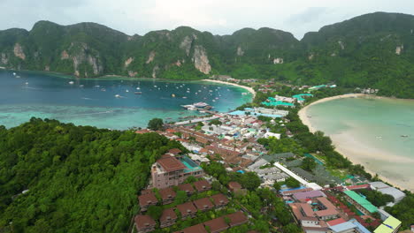 Aerial-establisher-famous-beach-bay-on-the-island-Koh-Phi-Phi-in-Thailand