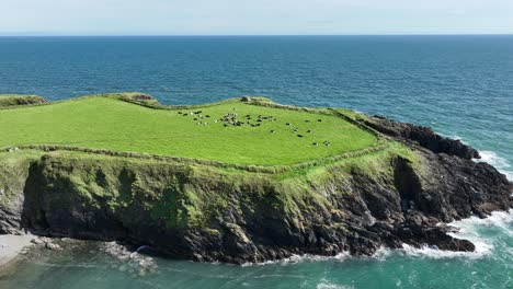 Coast-of-Ireland-Aerial-static-of-Dunabrattin-Head-Copper-Coast-Waterford-with-waves-crashing-on-the-rocks-on-a-perfect-summer-morning