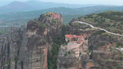 Aerial-Parallax-Of-The-Great-Meteora-Monasteries-In-The-Ancient-Holy-City-In-Greece