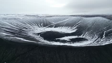 Hverfjall-Volcano-Crater-in-Winter,-Iceland,-Drone-Shot