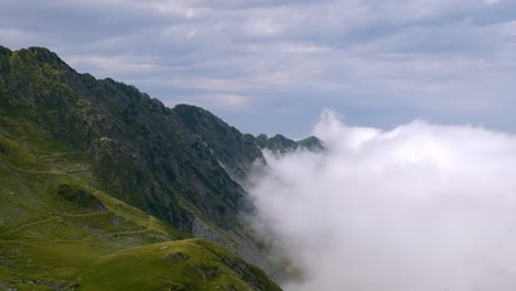 Clouds-In-Transfagarasan,-DN7C-Paved-Mountain-Road-In-The-Carpathian-Mountains-of-Romania