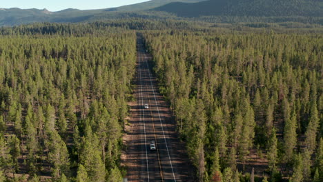 Pan-down-aerial-shot-over-cars-driving-down-forested-American-highway