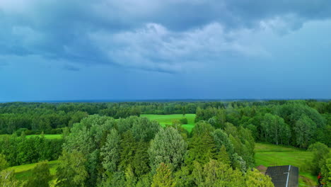 Aufsteigende-Drohnenansichten-Zeigen-Eine-Wunderschöne-Landschaft-Mit-Bäumen-Und-Wiesen