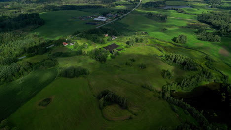 Descending-aerial-view-over-forests-and-a-green-landscape-with-a-lake
