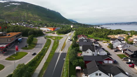 Aerial-scenic-view-of-bus-on-road-in-Tromso