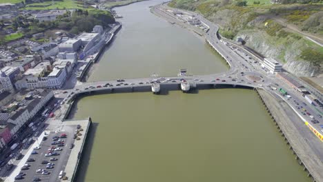 Waterford-City-Ireland-Aerial-establishing-shot-of-the-Quays-Rice-Bridge-railway-station-and-the-Suir-River