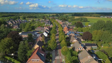 Car-drives-through-avenue-of-trees-in-Dutch-village-in-Brabant-Gastel-drone-shot