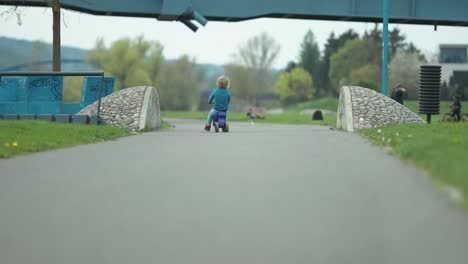 Un-Niño-Pequeño-De-Pelo-Rubio-Monta-Un-Scooter-De-Retroceso-A-Lo-Largo-Del-Camino-Asfaltado-En-El-Parque