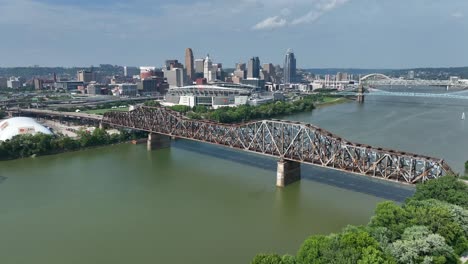 Ohio-River-in-front-of-Cincinnati,-OH-skyline