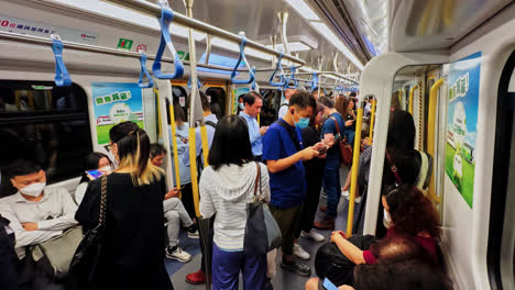 Crowded-MTR-Train-in-Hong-Kong-with-People-Packed-and-Wearing-Face-Masks-After-Work