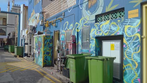 A-walk-along-one-of-the-many-back-streets-covered-in-colourful-graffiti,-Singapore