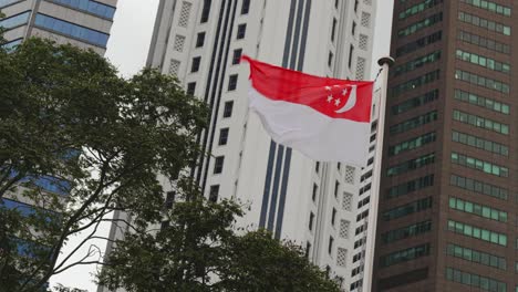 A-Singapore-flag-flies-in-the-wind-against-a-backdrop-of-modern-office-blocks,-Singapore