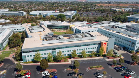 Pacific-Research-Center-in-Newark,-California---aerial-establishing-shot