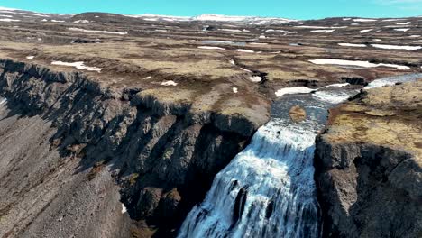 Aerial-View-Over-Dynjandi-Or-Fjallfoss,-Powerful-Waterfall-Cascade-In-Westfjords-Of-Iceland---drone-shot